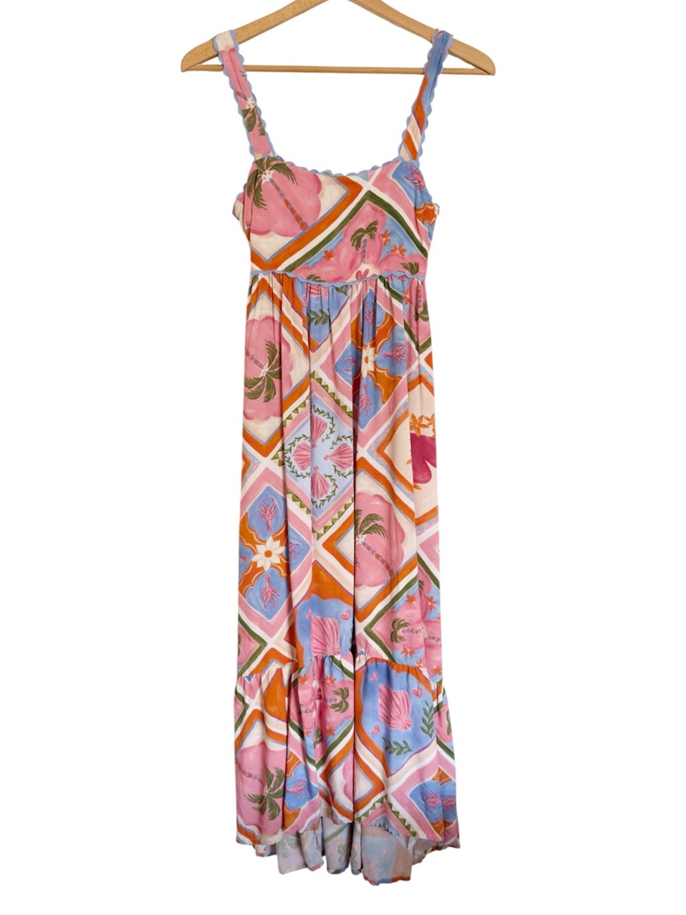 White Closet Elements Beach Tropical Print Tiered Midi Sun Dress size S